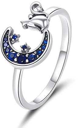 Qings Bague Chat Adjustable Argent 925 Bague Chat Réglable Blueu Lune Étoile Ouvert Anneau Bague pour Femme Fille
