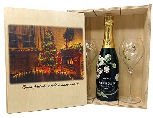 Elegante Cofanetto in legno, Personalizzabile sia con foto che con testo, contenente 1 bottiglia di Champagne o Spumante + 2 Flûte, Ottima ed Esclusiva idea regalo (Belle Epoque 2013 Perrier Jouët)