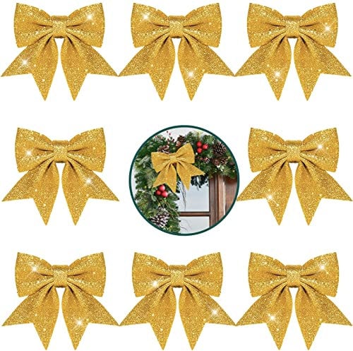 Glitzernde Gold-Kränze, Schleifen, Weihnachtsschleifen für Dekorationen, 14 cm, Weihnachtsbaumschmuck, Schleife, Pailletten, rote Weihnachtsbaum-dekorative Schleifen, Girlanden-Dekorationen, 8 Stück