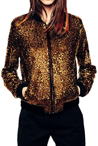 ORANDESIGNE Baseball Jacke Damen Pailletten Reißverschluss Langarm Jacken Frühling Herbst Kurze Jacke Outwear mit Taschen Retro Casual Baseball Bomberjacke Bikerjacke Übergangsjacke A Gold XL