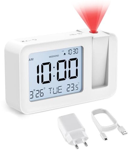 CHEREEKI Projektionswecker, Wecker mit Innentemperatur, 4 einstellbare Projektionshelligkeit, 9 Minuten Schlummerfunktion, Digitaler Wecker geeignet für Büro und Schlafzimmer