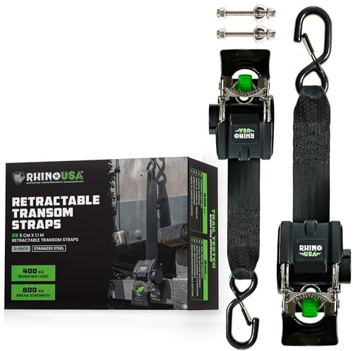 Rhino USA Einziehbare Spanngurte mit Ratsche und Haken (2-Pack) - Zurrgurte für den Heckspiegel - 800 kg - Automatik Spanngurt für Anhänger Boot Jetski - 5cm x 1.1m - Edelstahl