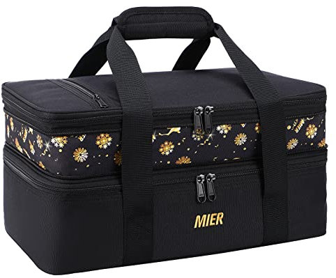 MIER Bolsa de transporte térmica para cazuela doble aislada, para lasaña, fiestas de comida, picnic, playa, se adapta a platos de hornear de 9 x 13 pulgadas, cacerola, expandible por cremallera media,