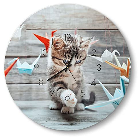 DEQORI Glasuhr | rund Ø 50 cm | Motiv Kätzchen mit Origami | große XXL Design Uhr aus Glas | leise Wanduhr für Wohnzimmer & Küche | Moderne Hingucker Uhr für die Wand