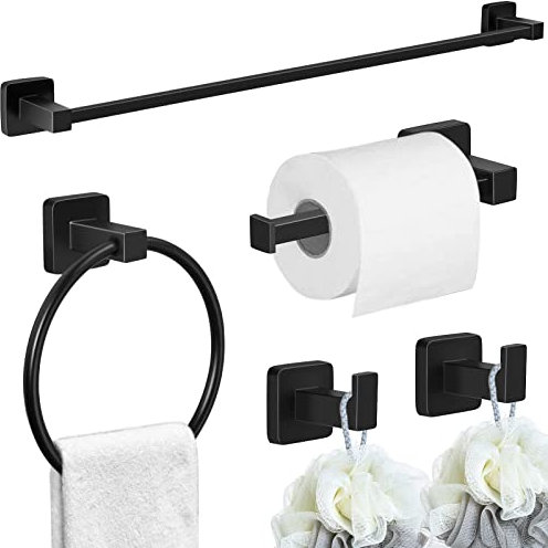 JiGiU Handtuchhalter Set 60CM Handtuchstange inkl. Toilettenpapierhalter, 2pcs Handtuchhaken, Handtuchring, 304 Edelstahl Badzubehör Lochinstallation 5-teiliges für Bad Küche Büro (Schwarz Matt)