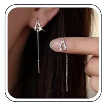 TseenYi Cz Teardrop Threader Earring Crystal Pear Hollow Dangle Earring Long Bar Chain Threader Earring Long Chain Tassel Drop Earring Jewelry for Women and Girls Gifts(Silver)