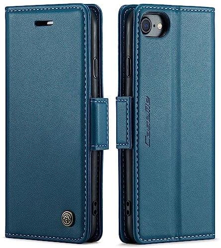 QLTYPRI Hülle für iPhone SE 2022/iPhone SE 2020/iPhone 8/iPhone 7 Handyhülle mit RFID Schutzhülle, Vintage Leder Hülle mit Kartenfach Ständer PU Ledertasche Stoßfeste Flip Wallet Case - Blau