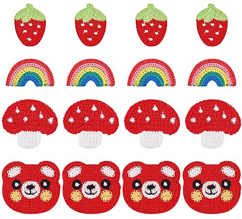 FINGERINSPIRE 24 Stück Gehäkelte Aufnäher Regenbogen Pilz Erdbeer Bärenkopf Applikationen Handgefertigte Gehäkelte Verzierungen Aufnäher Applikationen Für Kleidung Kleid Jacken Hüte Schuhe Taschen