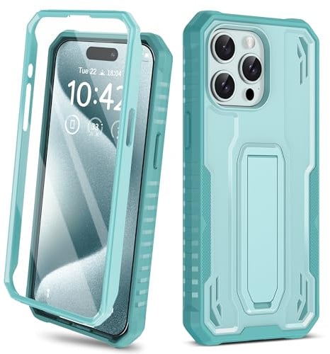 ORETECH iPhone 15 Pro Max Hülle mit Ständer, 360 Grad Ganzkörperschutz Stoßfest Schutzhülle, Vordere und Hintere Verteidiger Handyhülle, Blau