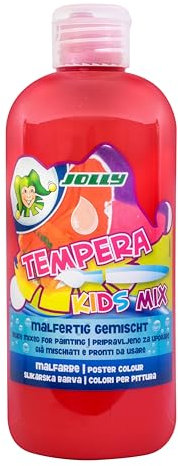 JOLLY Tempera Kids Mix Malfarbe, Flüssigfarbe 0,5L Flasche Karminrot, leuchtende und deckende Farben, unverdünnt oder mit Wasser vermalbar, auf allen Materialien anwendbar