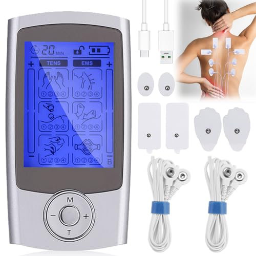 Aicharynic TENS Gerät Schmerztherapie, Wiederaufladbare Reizstromgerät Gegen Schmerzen Gerät Schmerztherapie mit 24 Trainigsprogramme und 2 Kanäle zur Schmerzlinderung von Rücken, Schulter, Bein