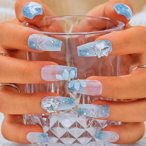 Sethexy Paillettes bleues Ongles pressés Fait à la main Long cercueil Faux ongles Elégant Acrylique Faux ongles Pierre de Rhin Fleur Peint pour les femmes et les filles 10PCS (10)
