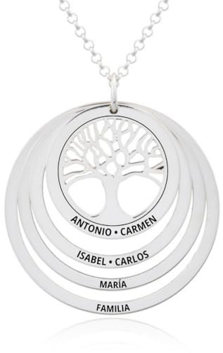 Collar Árbol de la Vida en Plata de Ley 925 personalizable. Cadena de 45cm. Regalo ideal madre abuela con nombres familia. Cumpleaños, Navidad. Hecho en España. (Collar Árbol de la Vida + 3 Aros)