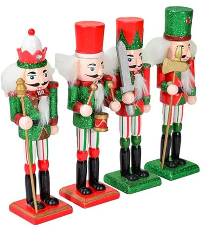 Fenteer 4 Stück 18 cm große Weihnachts-Nussknacker-Figur aus Holz, Weihnachts-Holzfigur, Weihnachtsstatue zum Präsentieren auf Tischen,