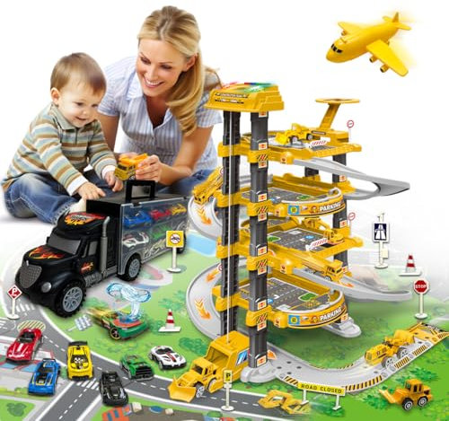 Xwin Sportseries 4-Storey Spiral Parking Garage Toy Set With Helicopter And Transport Vehicle Carrier Car Games Playset for Kids Race Die Cast Car for 3 Year and Above