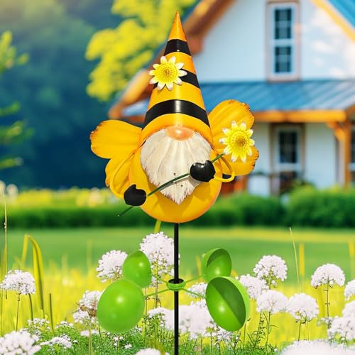 HONGLAND Zwerg aus Metall, Gartenstatue, Gartenstatue, Outdoor-Dekoration, 121,9 cm, Zwergen-Dekorationen, 360 Grad drehbar, Windspiel für Außenbereich, Terrasse, Garten, Hinterhof, Dekoration – Biene