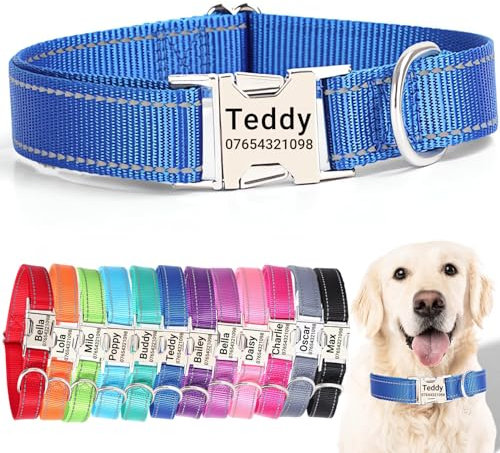SEOUGEE Personalised Dog Collar with Engraved Metal Buckle, Reflective Nylon Collars for Small Medium Large Dogs with Custom Name Plate Phone Number Adjustable (Dark Blue, M:Neck 35-50cm,Width 2cm)