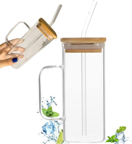 Peosaard Tumbler with Lid and Straw Square 400ml Transparent Tumbler Cups with Handle Heat Resistant Glass Drinking Cups for Home Office, White, Tumbler with Lid and Straw