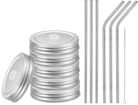 sourcing map 13pcs Stainless Steel Mason Jar Lids with Straw Hole, 70mm Metal Canning Lid Mason Storage Covers Caps with Silicone Ring/Straws/Cleaning Brush Silver