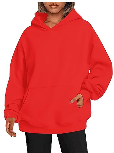 TANMESSO Felpa con cappuccio oversize da donna, a maniche lunghe, per autunno e inverno, in pile termico con tasche, Rosso, L