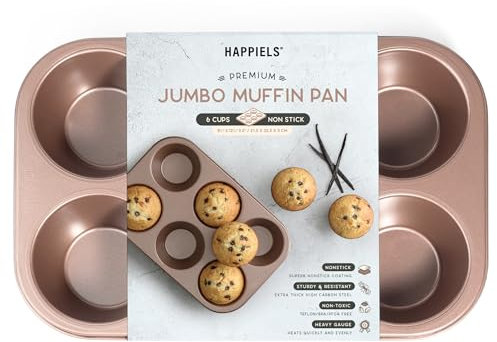 HAPPIELS Non Toxic Nonstick 6 Cup Jumbo Muffin Pan | Non Stick Large Cupcake Tin for Oven | Nontoxic Muffins Tins Big Size | Non Toxic Non Stick Baking Trays PFOA Free | Cupcakes Tray