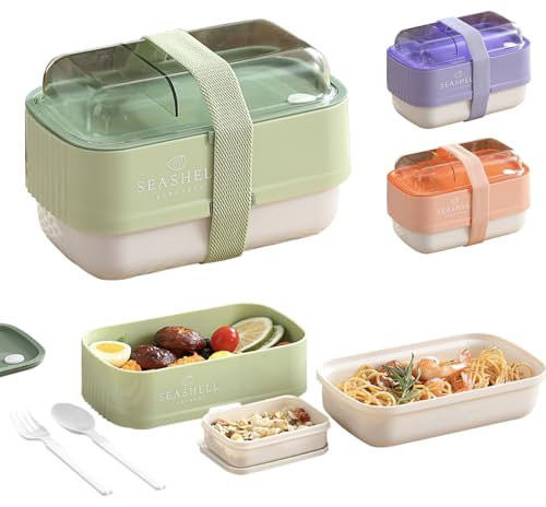 BRYN 1225 ML Bento Lunch Box Micro Ondable, Boite Repas avec Compartiments, Boite à Lunch avec Boîte à Sauce et Couverts pour Travail, Écoles, Camping et Fitness (Vert)