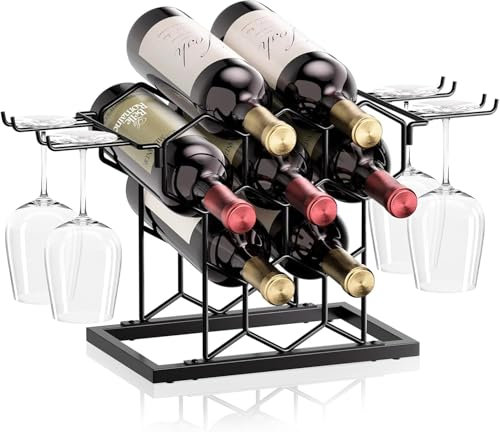 THYGIFTREE Casier à vin de comptoir, support de bouteille de vin de table pour jusqu'à 5 bouteilles standard, casier à vin hexagonal autonome pour cave à vin, bar, armoire, noir