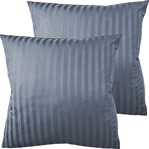 Pure Label 2er Set Mako Satin Damast Streifen Kopfkissenbezüge 80x80 cm aus 100% Baumwolle in dunkelblau| Traumhaft weiche Kissenbezüge passend zu unseren Bettwäsche Sets
