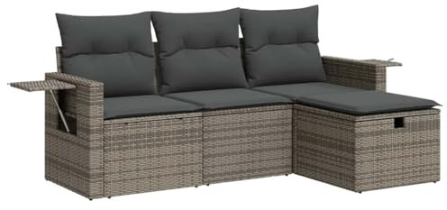 vidaXL 4-TLG. Garten-Sofagarnitur mit Kissen Grau Poly Rattan, Outdoor Sofa Set, Outdoor Sofagarnitur, Garten-Lounge-Set, Garten Sofagarnitur