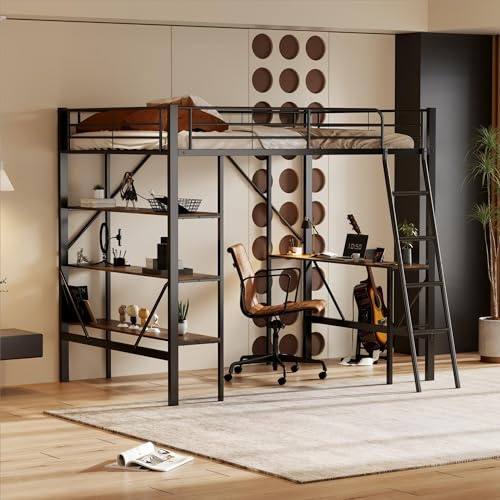 Merax Metallbett 90x200 cm, Hochbett mit Schreibtisch und DREI großen Ablagen, Etagenbett mit Treppe, Eisenbett Kinderbett Jugendbett Bettgestell, Ohne Matratze (Schwarz)