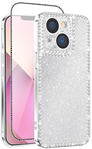 Handyhülle für iPhone 13, Bling Strass Diamant Glitter Schutzhülle mit SchutzfolieGlas, Transparent Silikon TPU Bumper Kameraschutz Case Cute Glänzend Sparkle Crystal Hülle für Frauen und Mädchen
