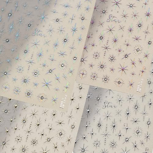 Star Nail Stickers, 4 Sheets Shiny Gold Silver Star Nail Art Stickers 3D Self-Adhesive Nail Decals Nail Rhinestones Gems for Women Girls Manicure Decorations