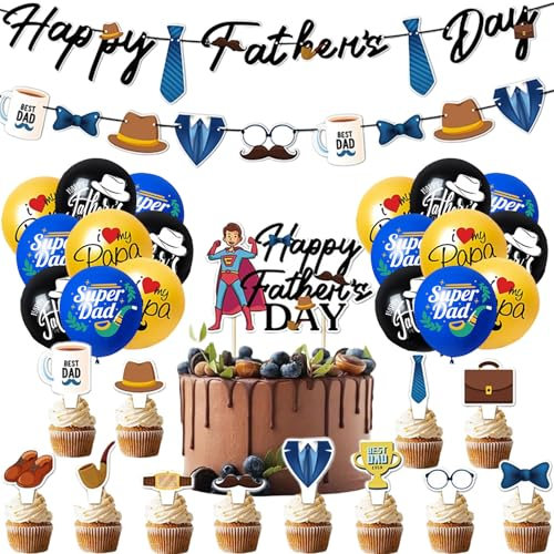 Vatertags-Luftballons, Vatertagsdekorationen, 32 Stück, Vatertagsdekorationen, inklusive Banner, Luftballons, Kuchenkarte, Ideen, Banner, Schild, Dekoration, Fotohintergrund (32 Stück)