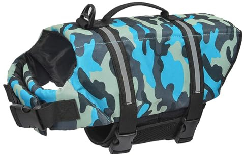 Hundeschwimmweste 2025, verstellbar, Sicherheits-Schwimmweste, Haustier-Rettungsweste mit Griff for Schwimmen, Surfen, Bootfahren for kleine Hunde, Welpen und große Hunde (XS, Grün)(Blue Camouflage,XX