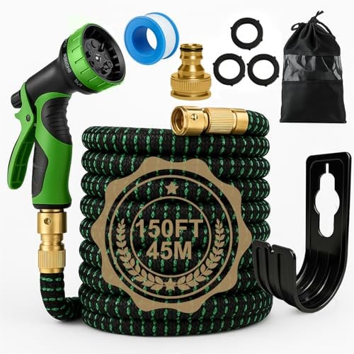 Flexibler Gartenschlauch 45M – Dehnbarer Wasserschlauch mit 10 Sprühfunktionen, Inkl. 1/2 & 3/4 Anschlussadapter – Robustes, Leckdichtes Design für Garten, Autowäsche & Pflanzenbewässerung