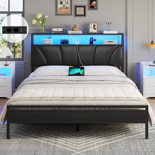 Brinlawb Bett 140x200 mit Lattenrost aus Metall, Bettgestell 140x200cm mit LED Beleuchtung Metallbett 140x200 mit Kopfteil & Ladestation(2 AC-Steckdosen 2 USB-Anschlüsse)Jugendbett Doppelbett Schwarz