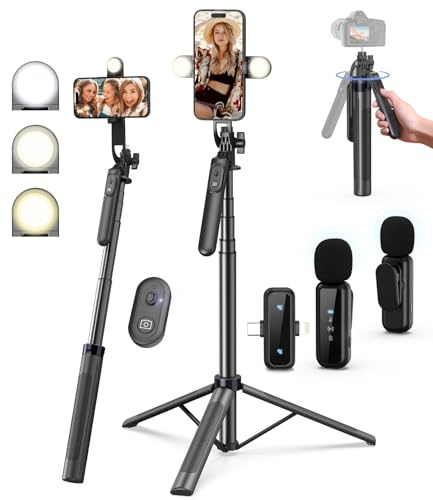 Yeaki Vlogging Kit for iPhone/Android, 71 Selfie Stick Tripod for iPhone with Light, Wireless Remote & Microphone, Adjustable Phone Tripod for TikTok/YouTube Starter Content Creator Essentials Kit