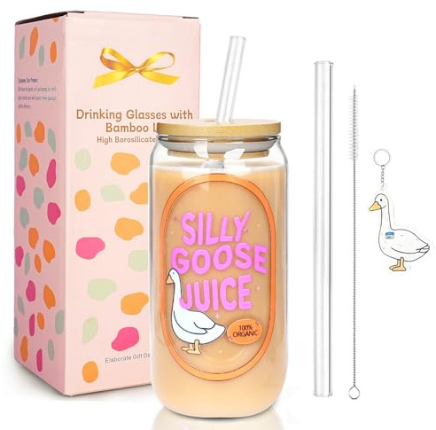Mason Life Glass Cup with Lid and Straw 16 OZ Cute Glass Cup Silly Goose Iced Coffee Cups with Bamboo Lid Reusable Glass Tumbler for Smoothie, Cocktail, Matcha Girls Trendy Gift Preppy Stuff