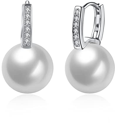 Lirzxin 14 Karat Weißgold Ohrringe Damen 585 Echtgold, Damen Ohrhänger Rund Diamant Creolen mit Perle Ohrringe Geburtstag für Braut Weißgold