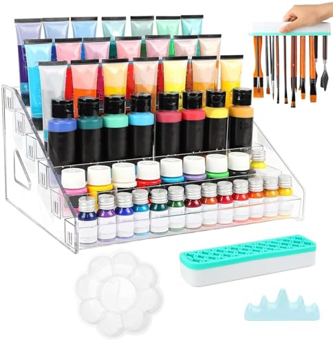 Acrylic Paint Organizer – Transparent Storage Rack, Brush and Tube Holder, Art Supply Display | Model Paint, Oil and Acrylic Tube Storage for Studio, Craft Room, Painting Desk, Hobby