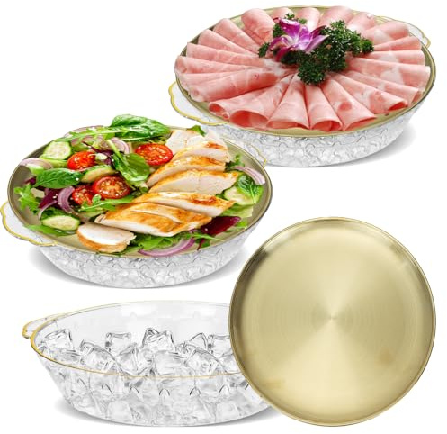HFZCV 3er Set Edelstahl Tablett Rund Gold, 30 cm Servierplatte mit Eisfach für Buffet, Rostfreie Dekoteller für Lachs, Meeresfrüchte, Serviertablett mit Eis-Unterschale für Picknick und Party