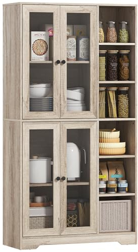 HOMCOM 172 cm Tall Kitchen Cupboard, Pantry Storage Cabinet with Tempered Glass Doors and Soft-Close Hinges, Freestanding Kitchen Cabinet with Adjustable Shelves and 6 Open Shelves, Light Grey