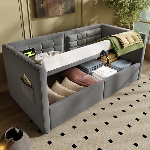 BTM Daybed, Single Sofa Bed with USB & Type-C Charging Station, Upholstered Single Bed with Hydraulic Storage, 90x190cm, Velvet Grey (No Mattress)