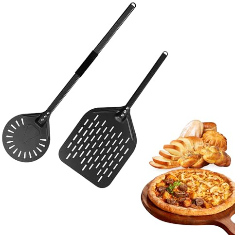 Pizzaschieber Perforiert Set, 12 Runde Schaufel (80cm Griff) + 8 Quadratischer Wender (40cm Griff), Rutschfester Komfortgriff, Für Zuhause Pizza & Brot Backen