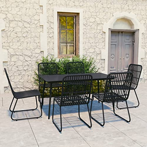 QJBSAVVA Schwarze 7-Teilige Gartenmöbel Set 150x80 cm Poly Rattan Esstisch mit Glasplatte und 6 Stapelstühlen für Balkon Terrasse oder Garten