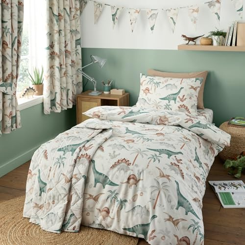 Happy Linen Company Girls Boys Kids Scandi Saurus Dinosaur Ivory Toddler Cot Bed Reversible Soft Easy Care Bed Linen Duvet Cover Quilt Bedding Set With Pillow Case