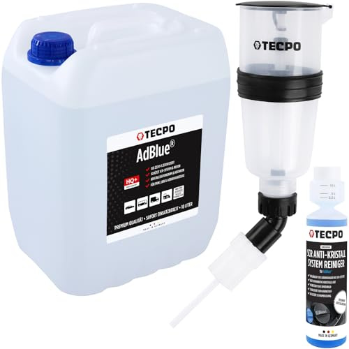 TECPO AdBlue® Set mit 10 Liter Harnstoff gebrauchsfertig inkl. Ausgießer, Anti-Kristall AdBlue® Konzentrat 250 ml SCR Additiv und Einfülltrichter speziell für Harnstoff für tropffreies Befüllen