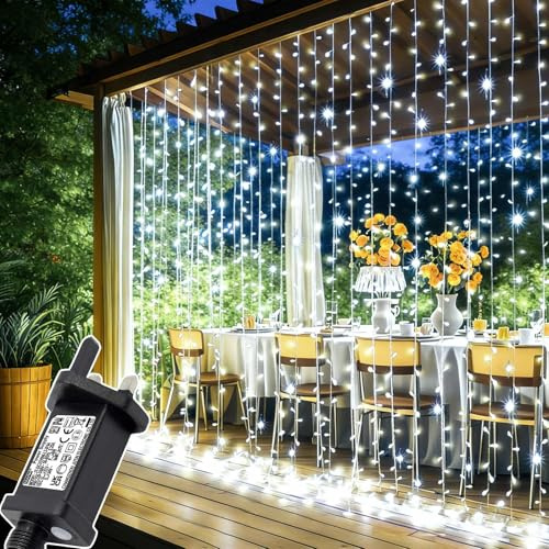 Joycome Curtain Lights, 3m x 3m 300 LED Curtain Fairy Lights Plug in | 8 Modes/Timer/Connectable String Light, Waterproof Waterfall Fairy Light for Bedroom Gazebo Window Pergola Wedding (White)