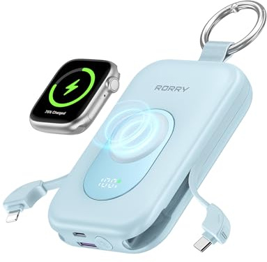 RORRY CharmGo Portable Charger, 20000mAh PD 30W Fas Charging Power Bank | Built-in 2 Cables, Portable Charger Keychain Portable Battery Pack, Travel Essentials for iPhone, Apple Watch, iPad,Blue