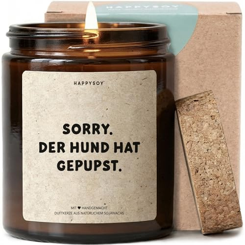 Sorry der Hund hat gepupst - Duftkerze mit Spruch als lustiges Geschenk für Hundebesitzer, Hundeliebhaber, witzige Kerze im Glas mit blumigem Duft
